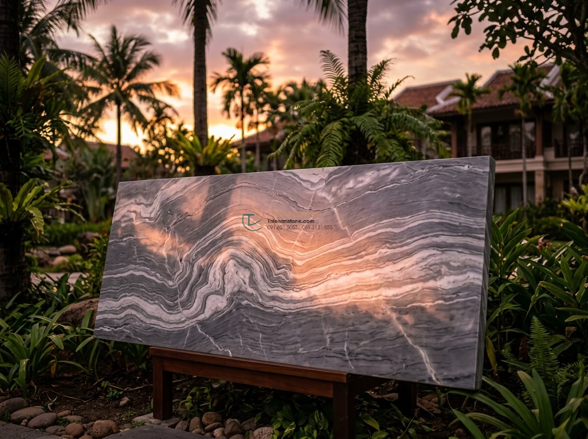 Phiến đá cầu vân mây mài bán bóng cực sang: 160 x 65 x 15 cm. - Hình 9 Phiến đá cầu vân mây mài bán bóng cực sang: 160 x 65 x 15 cm. - Golden hour cinematic shot of the 160x65x15cm polished cloud vein marble slab in