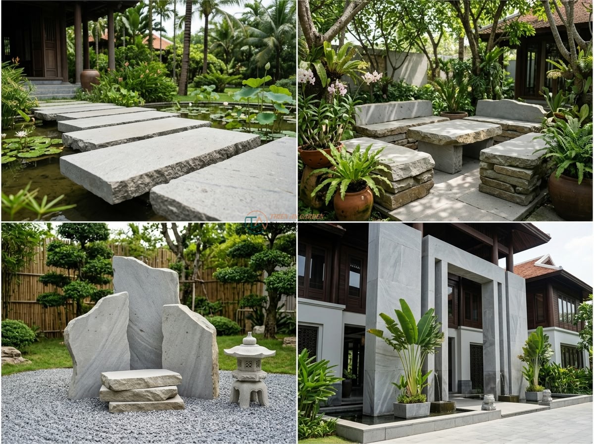 Phiến đá sa thạch xẻ thô bắc ngang suối cạn: 150 x 55 x 12 cm.