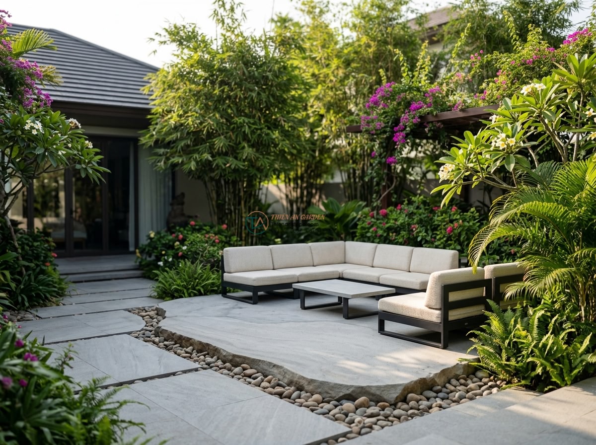 Phiến đá sa thạch xẻ thô bắc ngang suối cạn: 150 x 55 x 12 cm.