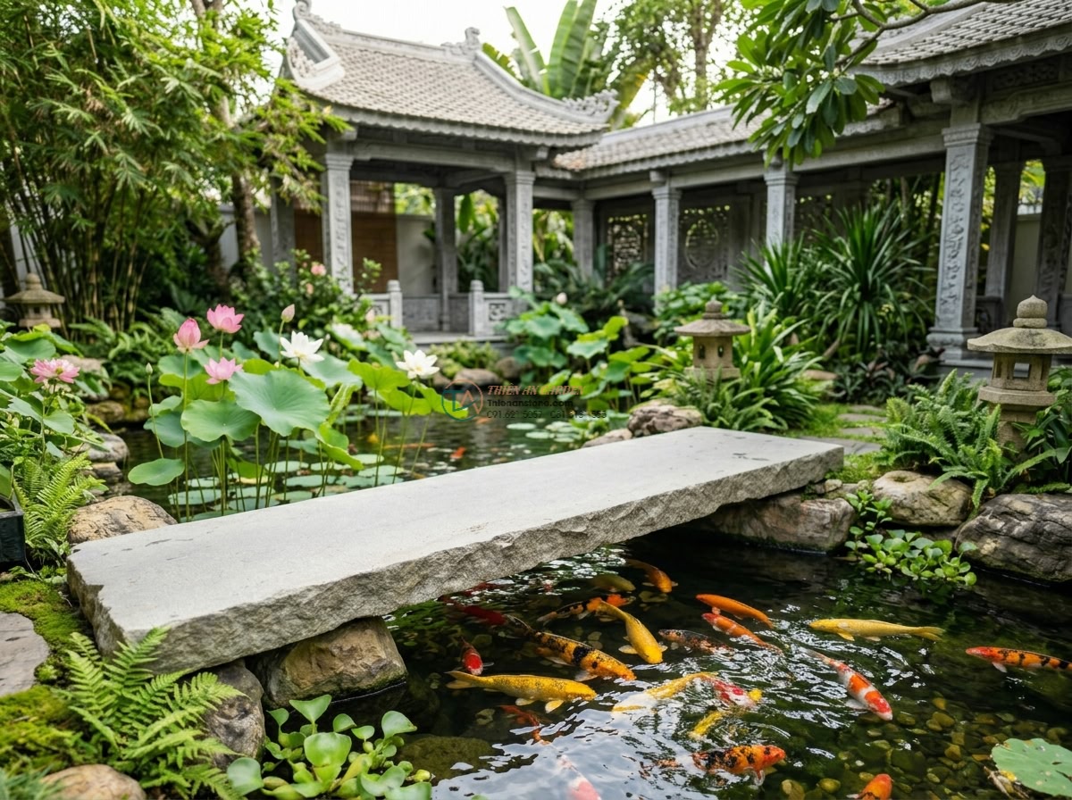 Phiến đá sa thạch xẻ thô bắc ngang suối cạn: 150 x 55 x 12 cm.
