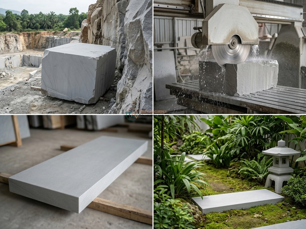 Phiến đá sa thạch xẻ thô bắc ngang suối cạn: 150 x 55 x 12 cm.