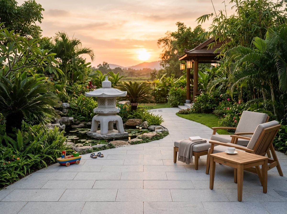 Phiến đá sa thạch xẻ thô bắc ngang suối cạn: 150 x 55 x 12 cm. - Happy customer family enjoying their luxury garden with natural sandstone slab f