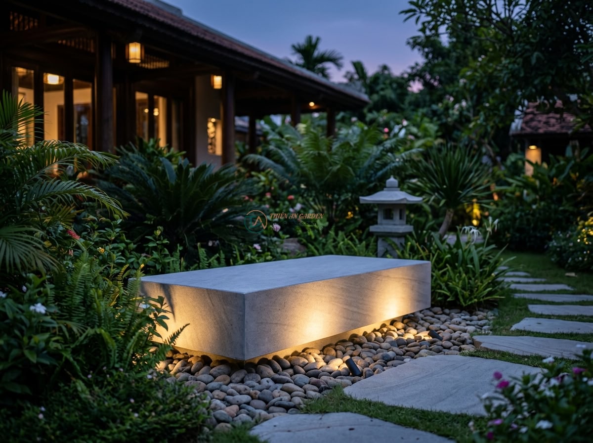 Phiến đá sa thạch xẻ thô bắc ngang suối cạn: 150 x 55 x 12 cm.