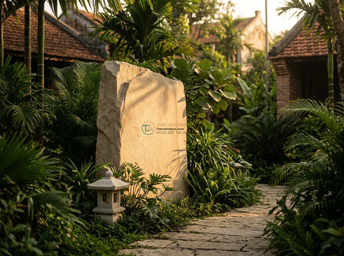 Phiến đá sa thạch xẻ thô bắc ngang suối cạn: 150 x 55 x 12 cm.