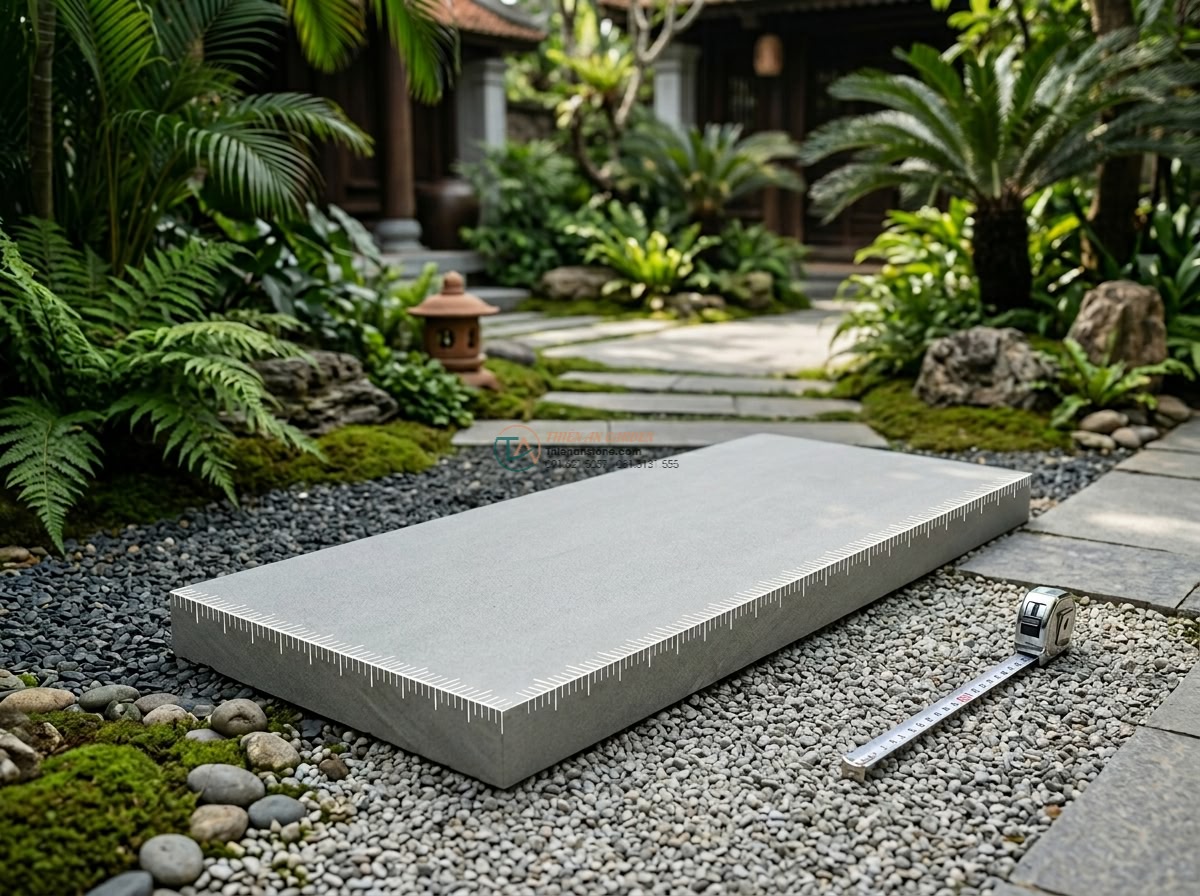Phiến đá sa thạch xẻ thô bắc ngang suối cạn: 150 x 55 x 12 cm.