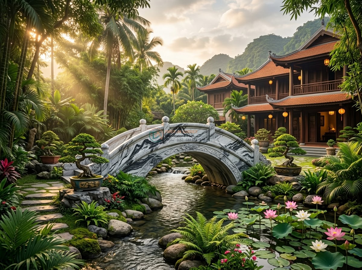 Siêu phẩm cầu vòm đá Tuyết Sơn vân mây đối xứng: 200 x 80 x 22 cm.