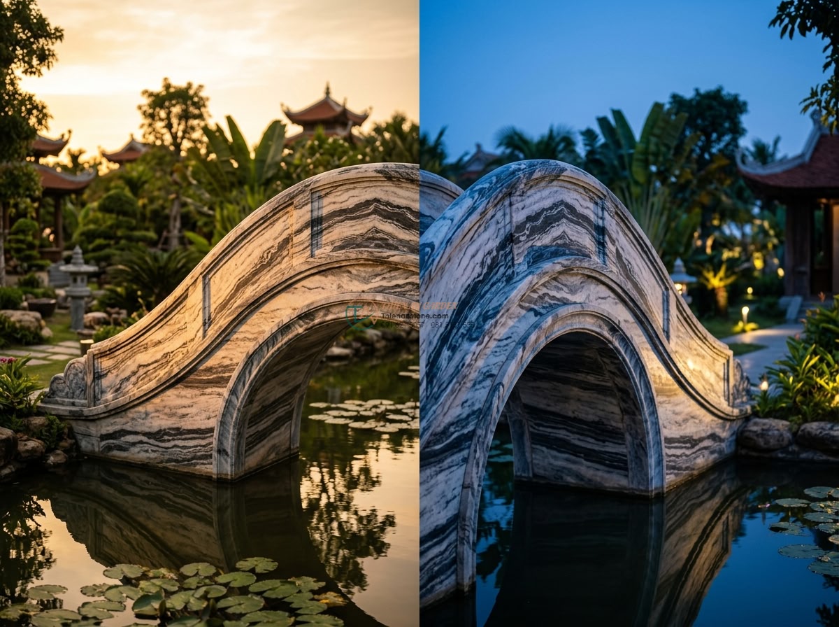Siêu phẩm cầu vòm đá Tuyết Sơn vân mây đối xứng: 200 x 80 x 22 cm. - Hình 4 Siêu phẩm cầu vòm đá Tuyết Sơn vân mây đối xứng: 200 x 80 x 22 cm. - Dramatic golden hour and blue hour split view of the symmetric stone arch bridge