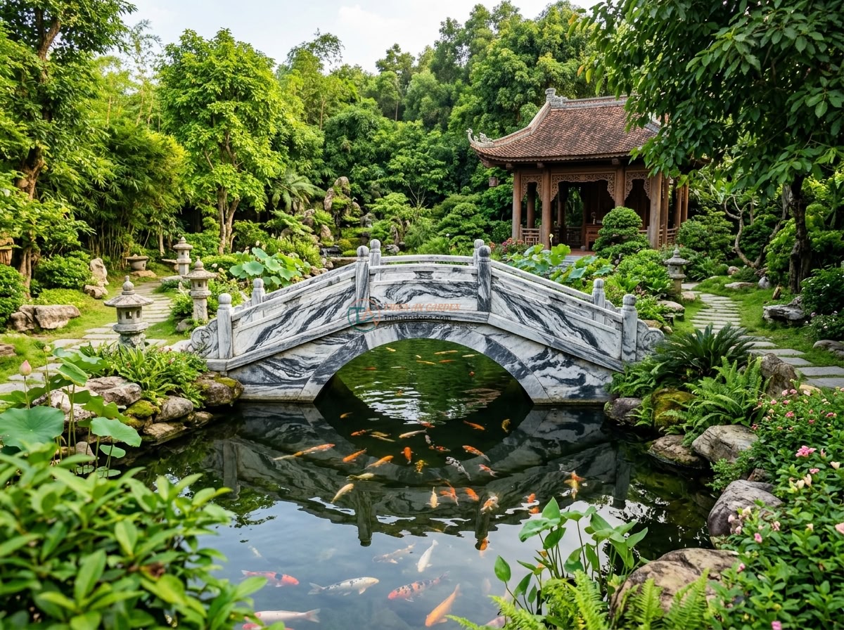 Siêu phẩm cầu vòm đá Tuyết Sơn vân mây đối xứng: 200 x 80 x 22 cm. - Hình 5 Siêu phẩm cầu vòm đá Tuyết Sơn vân mây đối xứng: 200 x 80 x 22 cm. - Elegant wide shot of the Tuyet Son symmetric stone arch bridge beautifully integ