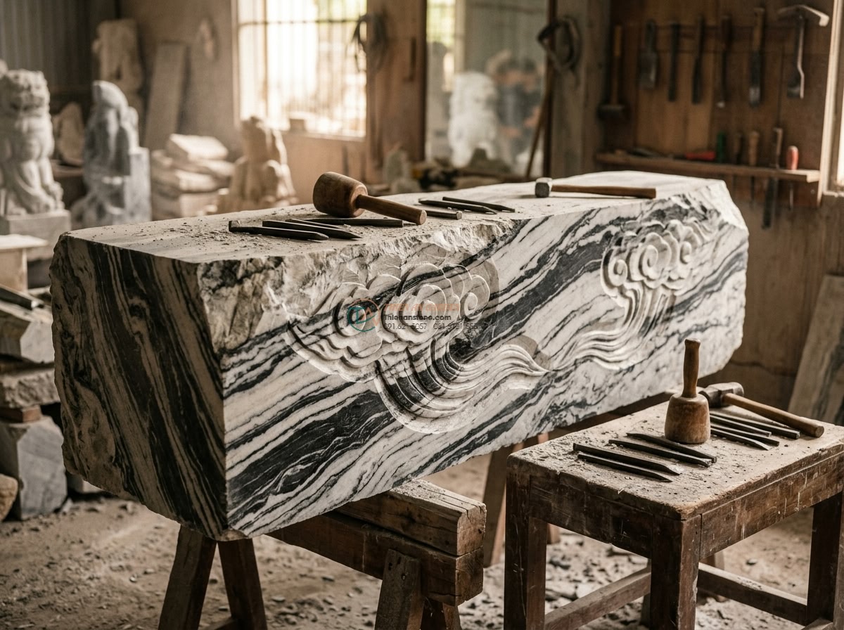 Siêu phẩm cầu vòm đá Tuyết Sơn vân mây đối xứng: 200 x 80 x 22 cm. - Hình 8 Siêu phẩm cầu vòm đá Tuyết Sơn vân mây đối xứng: 200 x 80 x 22 cm. - Artisan workshop scene showing skilled Vietnamese stone carvers meticulously sha
