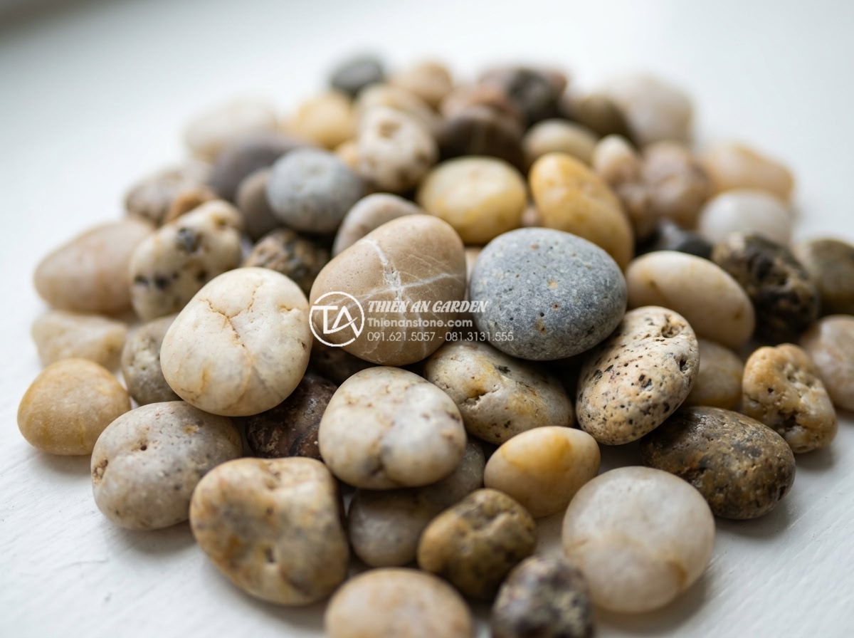 Sỏi biển nhiều màu 1-2cm - Hình 2 Sỏi biển nhiều màu 1-2cm - Close-up view of natural multi-colored sea pebbles 1-2cm size showing smooth tex