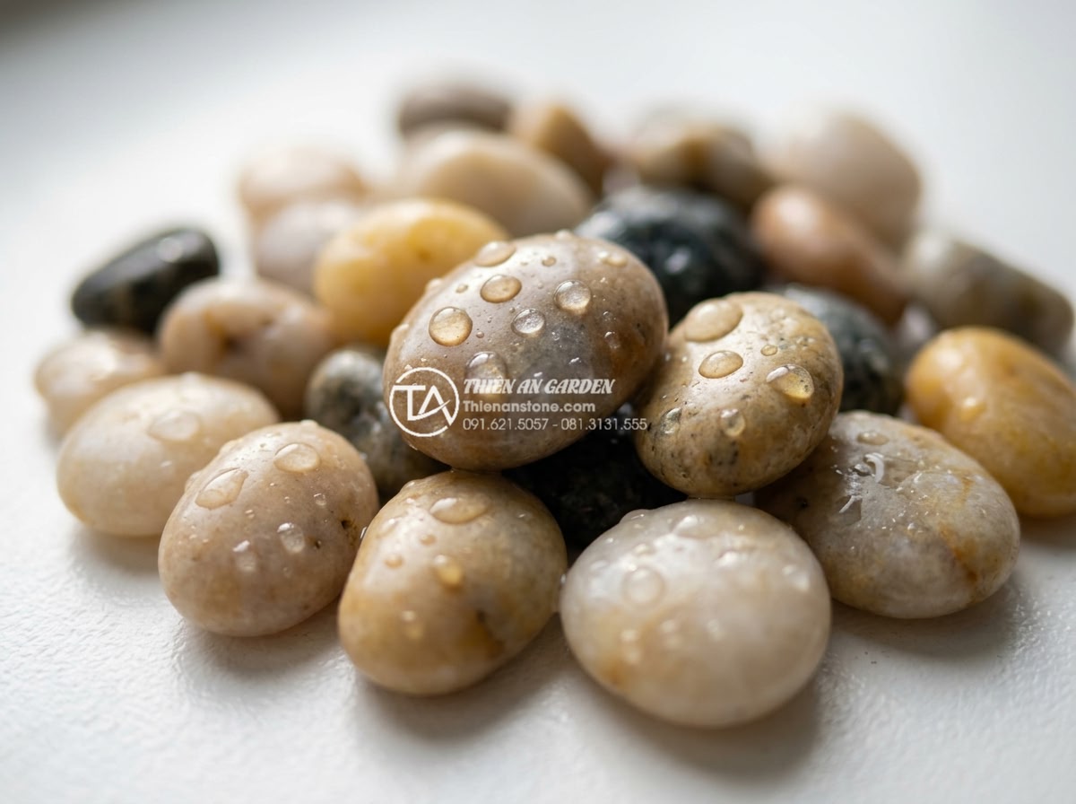 Sỏi biển nhiều màu 1-2cm - Hình 3 Sỏi biển nhiều màu 1-2cm - Detailed macro shot of 1-2cm multicolored pebbles with water droplets reflecting