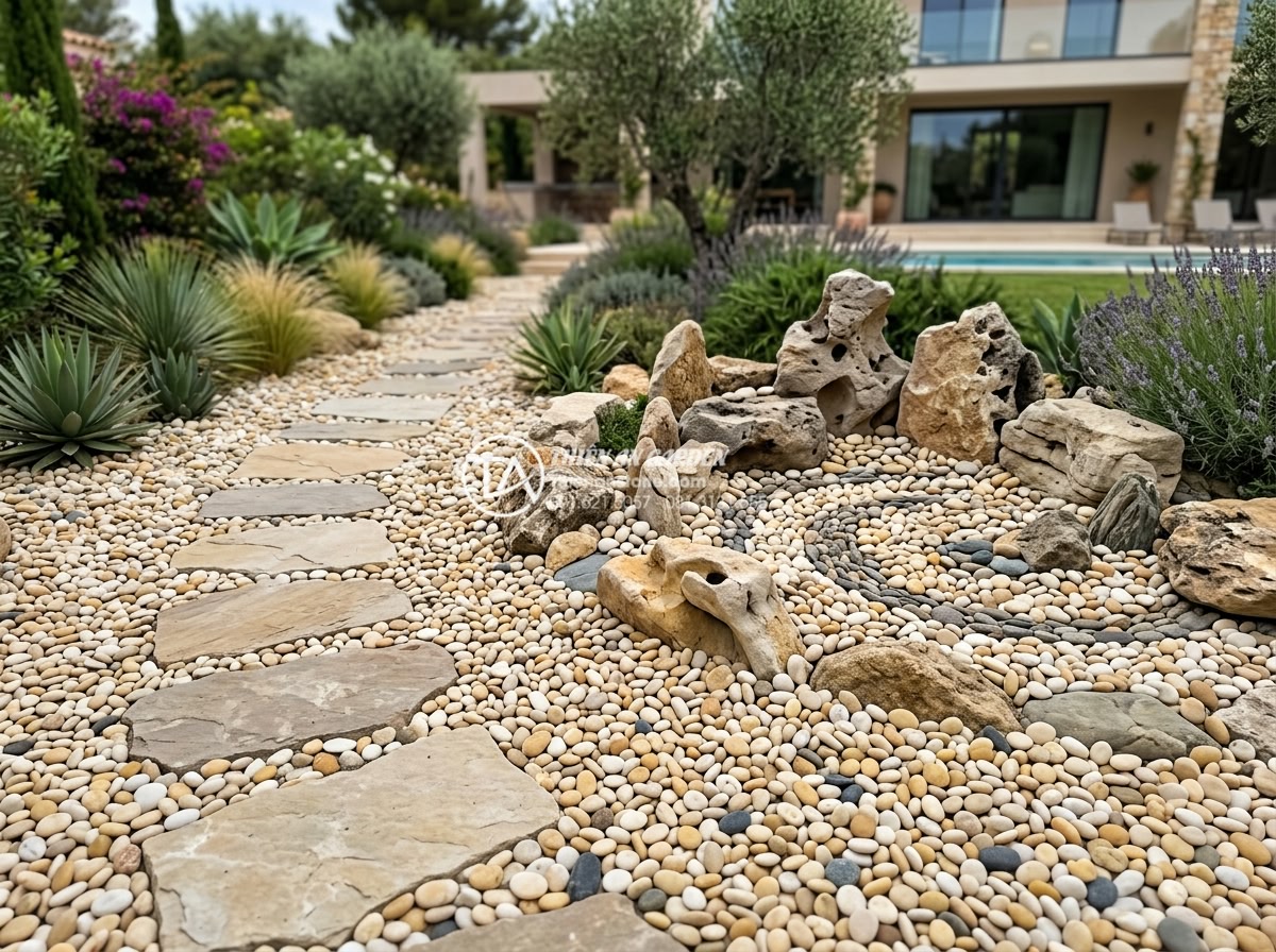 Sỏi biển nhiều màu 1-2cm - Hình 4 Sỏi biển nhiều màu 1-2cm - Creative landscape design using multicolored sea pebbles 1-2cm in luxury villa g