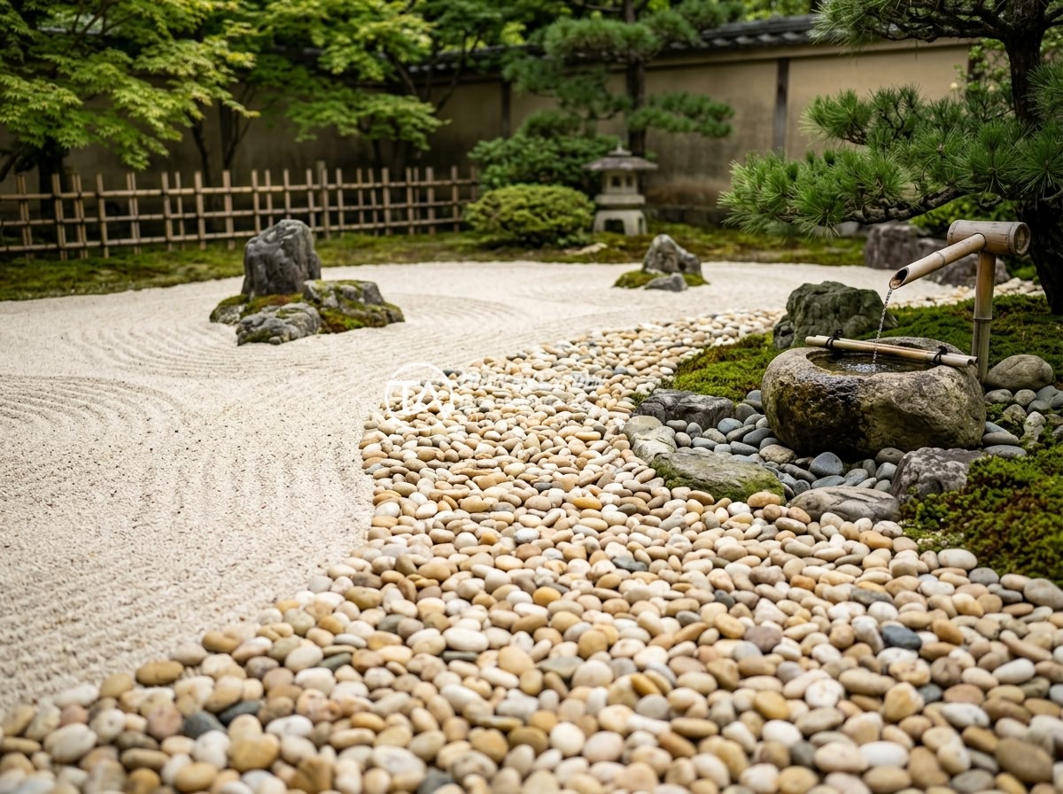 Sỏi biển nhiều màu 1-2cm - Hình 5 Sỏi biển nhiều màu 1-2cm - Zen garden with multicolored pebbles arranged according to feng shui principles,