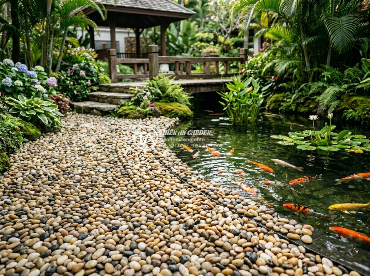 Sỏi biển nhiều màu 1-2cm - Hình 6 Sỏi biển nhiều màu 1-2cm - Beautiful koi pond border decorated with 1-2cm multi colored sea pebbles, luxury