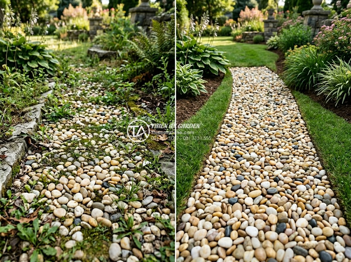 Sỏi biển nhiều màu 1-2cm - Hình 7 Sỏi biển nhiều màu 1-2cm - Before and after maintenance of colorful sea pebbles in outdoor garden setting