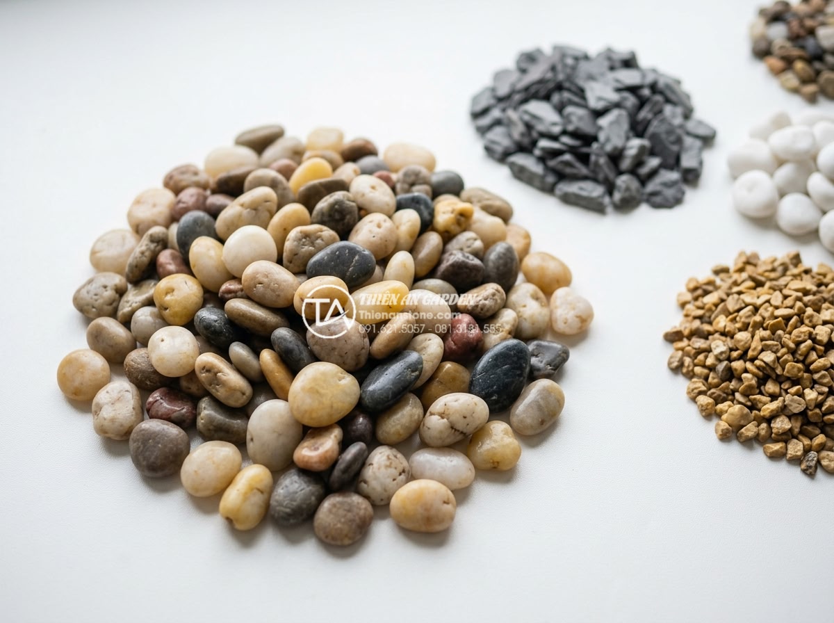 Sỏi biển nhiều màu 1-2cm - Hình 8 Sỏi biển nhiều màu 1-2cm - Comparison of different types of garden pebbles including multi-colored sea pebb