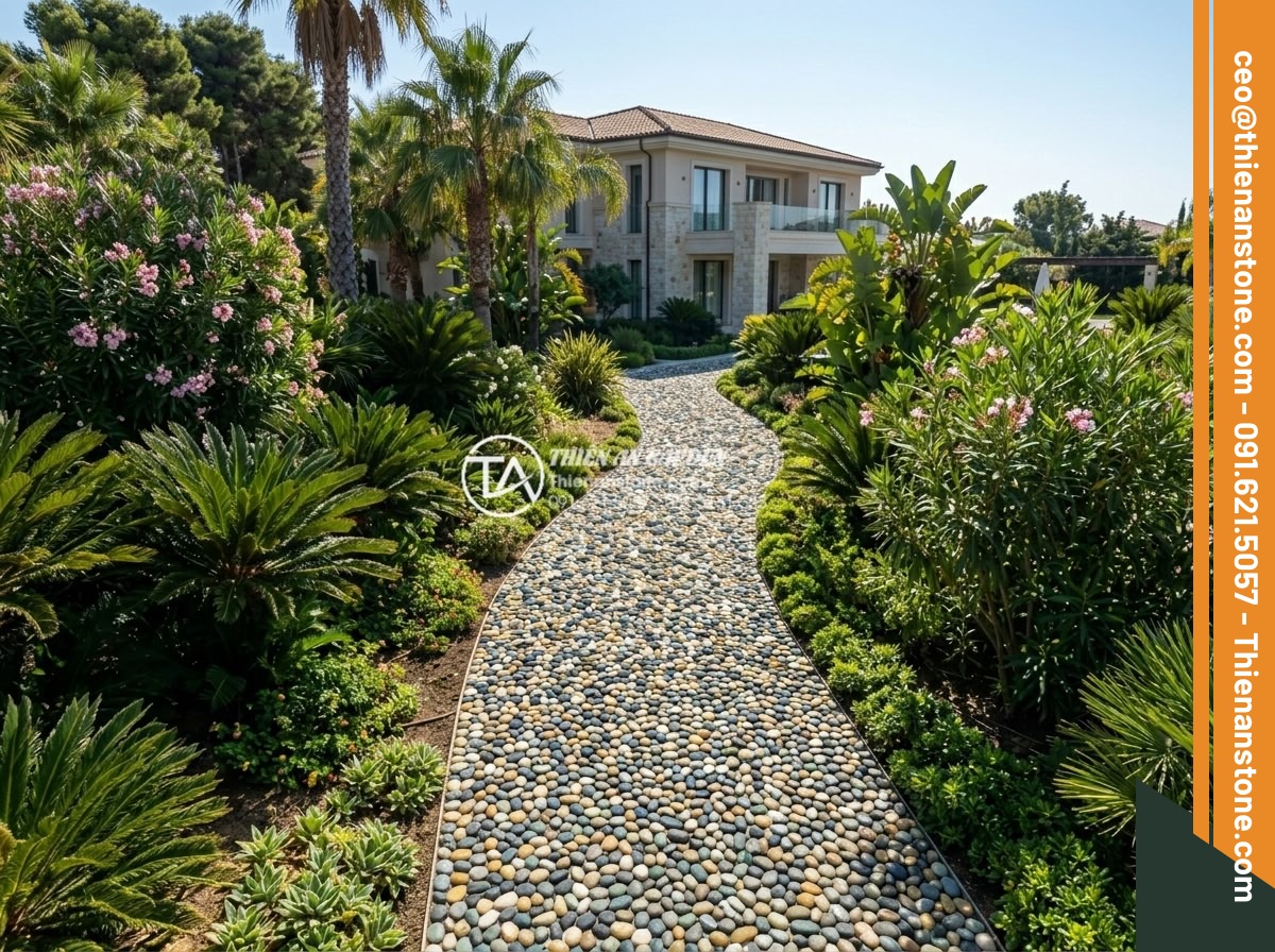 Sỏi biển nhiều màu 1-3cm - Wide angle view of a luxurious garden path covered with vibrant multi-colored se