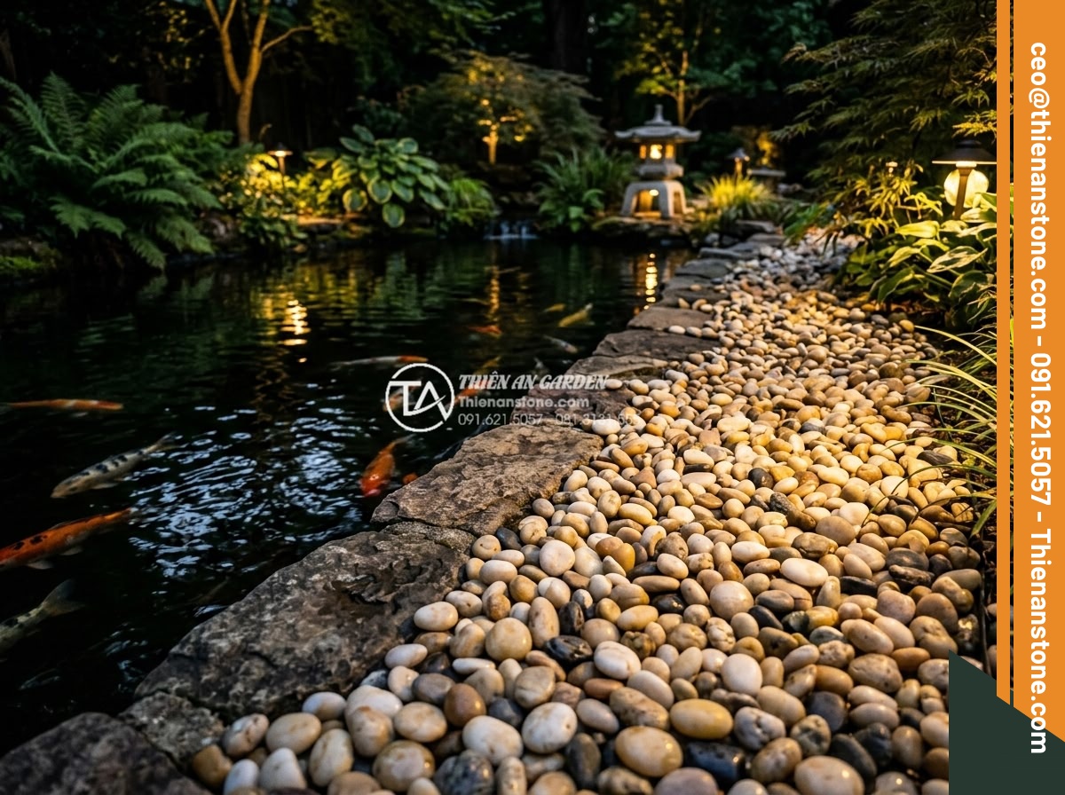 Sỏi biển nhiều màu 1-3cm - Hình 10 Sỏi biển nhiều màu 1-3cm - Night time view with artificial garden lights creating beautiful reflections on