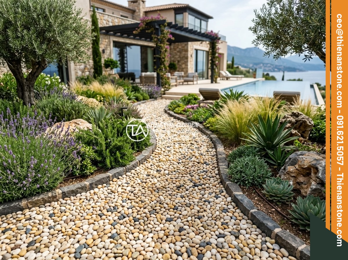 Sỏi biển nhiều màu 1-3cm - Hình 11 Sỏi biển nhiều màu 1-3cm - Luxury villa garden featuring multi-colored 1-3cm sea pebbles integrated beautif