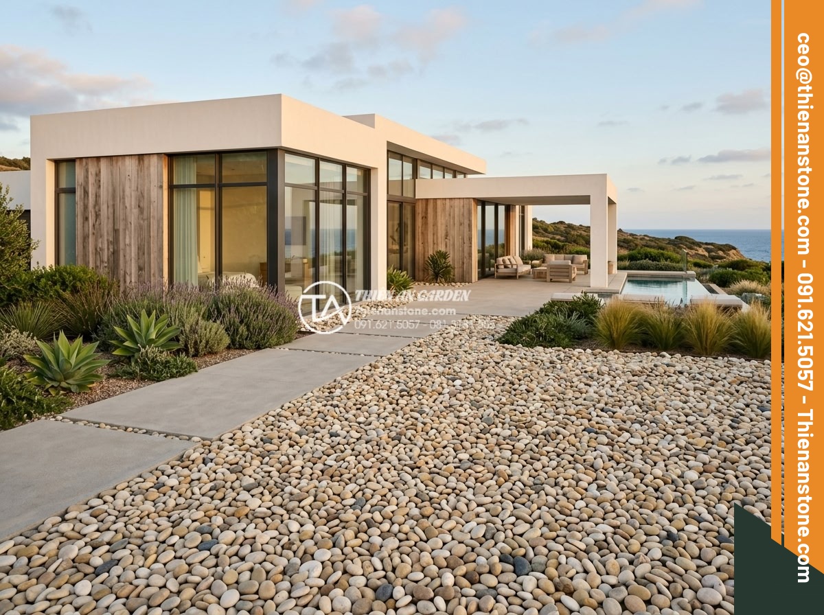 Sỏi biển nhiều màu 1-3cm - Hình 12 Sỏi biển nhiều màu 1-3cm - Elegant modern villa exterior with colorful sea pebbles creating sophisticated a