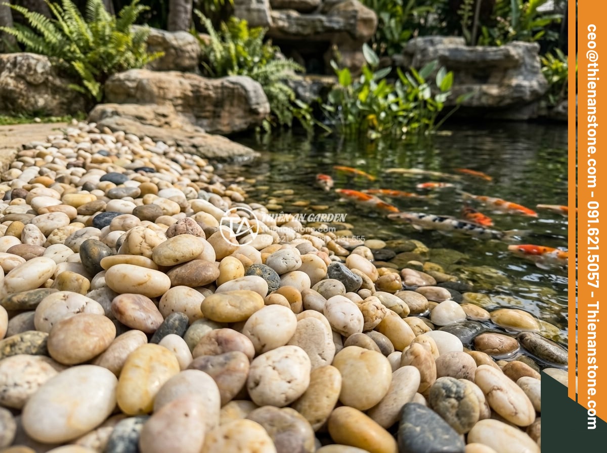 Sỏi biển nhiều màu 1-3cm - Hình 13 Sỏi biển nhiều màu 1-3cm - Beautiful Koi pond surrounded by vibrant multi-colored 1-3cm sea pebbles with re