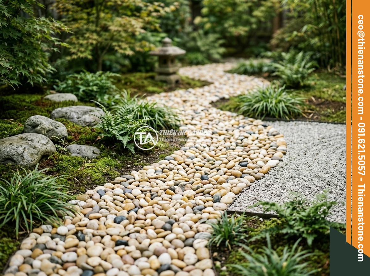 Sỏi biển nhiều màu 1-3cm - Hình 15 Sỏi biển nhiều màu 1-3cm - Feng shui inspired garden layout with multi-colored sea pebbles arranged harmoni