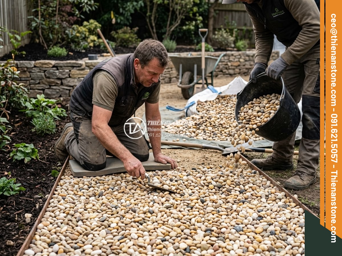 Sỏi biển nhiều màu 1-3cm - Hình 17 Sỏi biển nhiều màu 1-3cm - Professional installation process of multi-colored sea pebbles in garden landsca