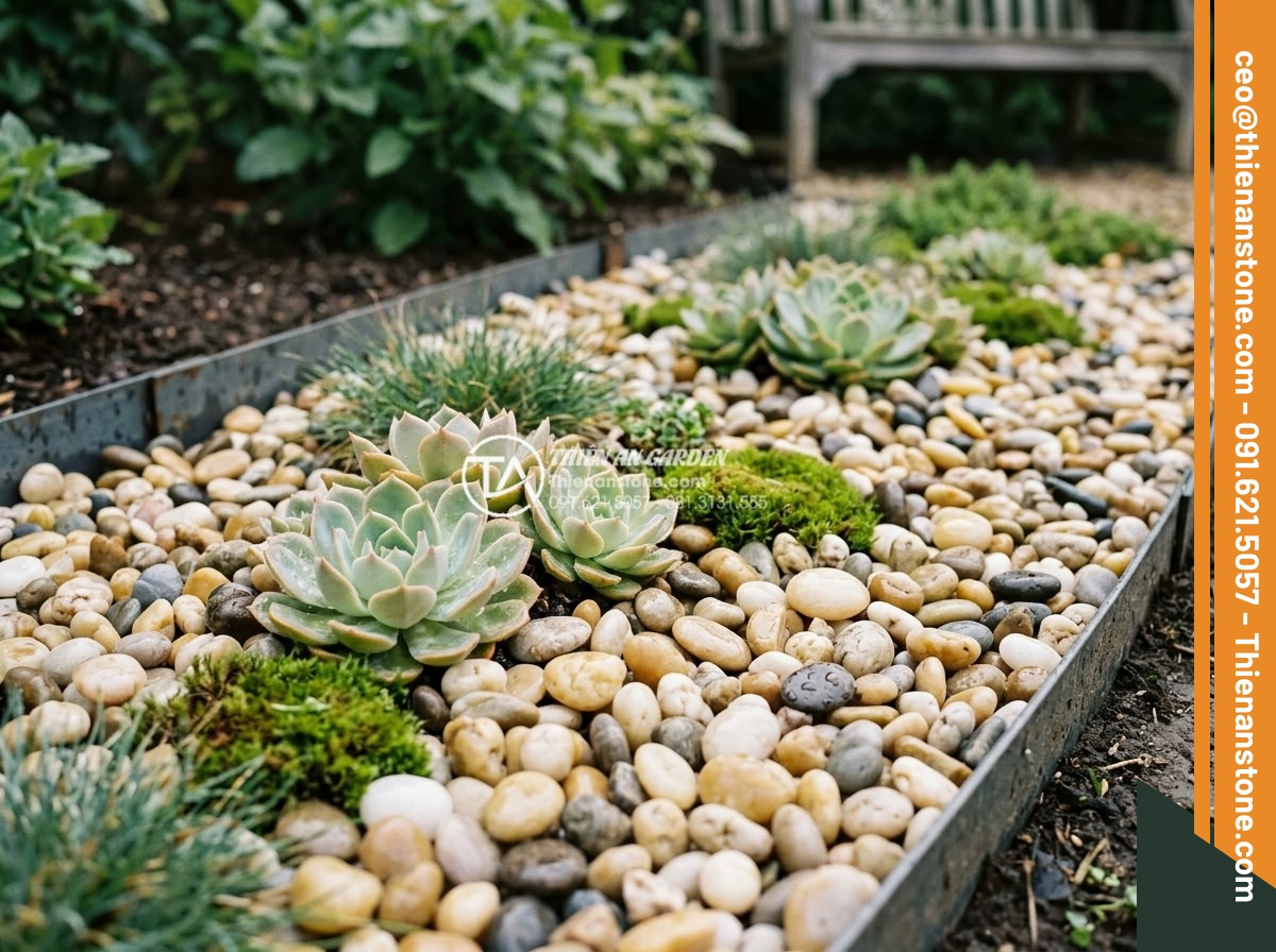 Sỏi biển nhiều màu 1-3cm - Hình 18 Sỏi biển nhiều màu 1-3cm - Long-term maintained colorful sea pebbles garden showing fresh appearance after