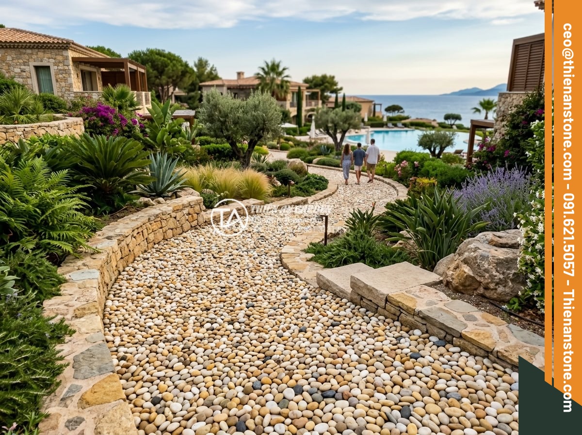 Sỏi biển nhiều màu 1-3cm - Hình 2 Sỏi biển nhiều màu 1-3cm - Panoramic shot of colorful 1-3cm sea pebbles creating a serene and artistic gard