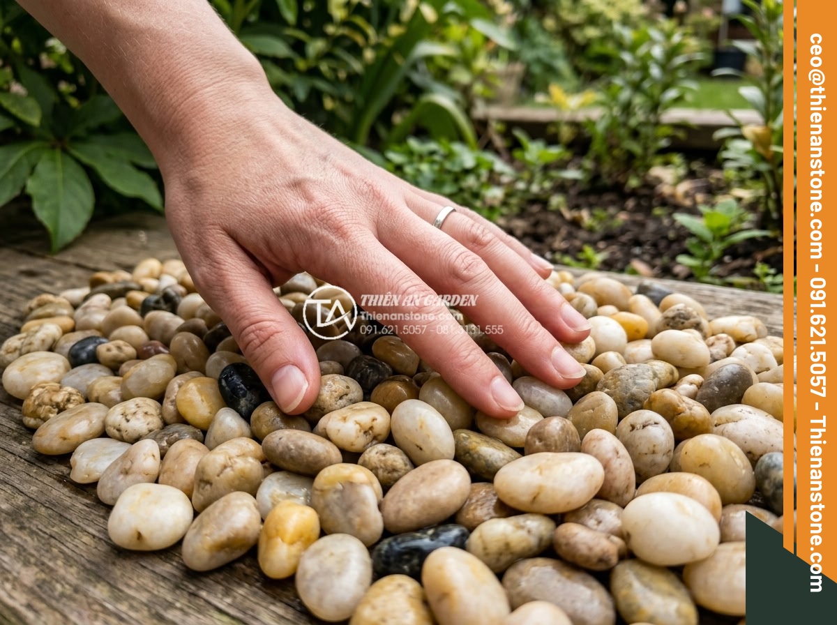 Sỏi biển nhiều màu 1-3cm - Hình 7 Sỏi biển nhiều màu 1-3cm - Hand touching smooth surface of multi-colored 1-3cm sea pebbles, showing tactile
