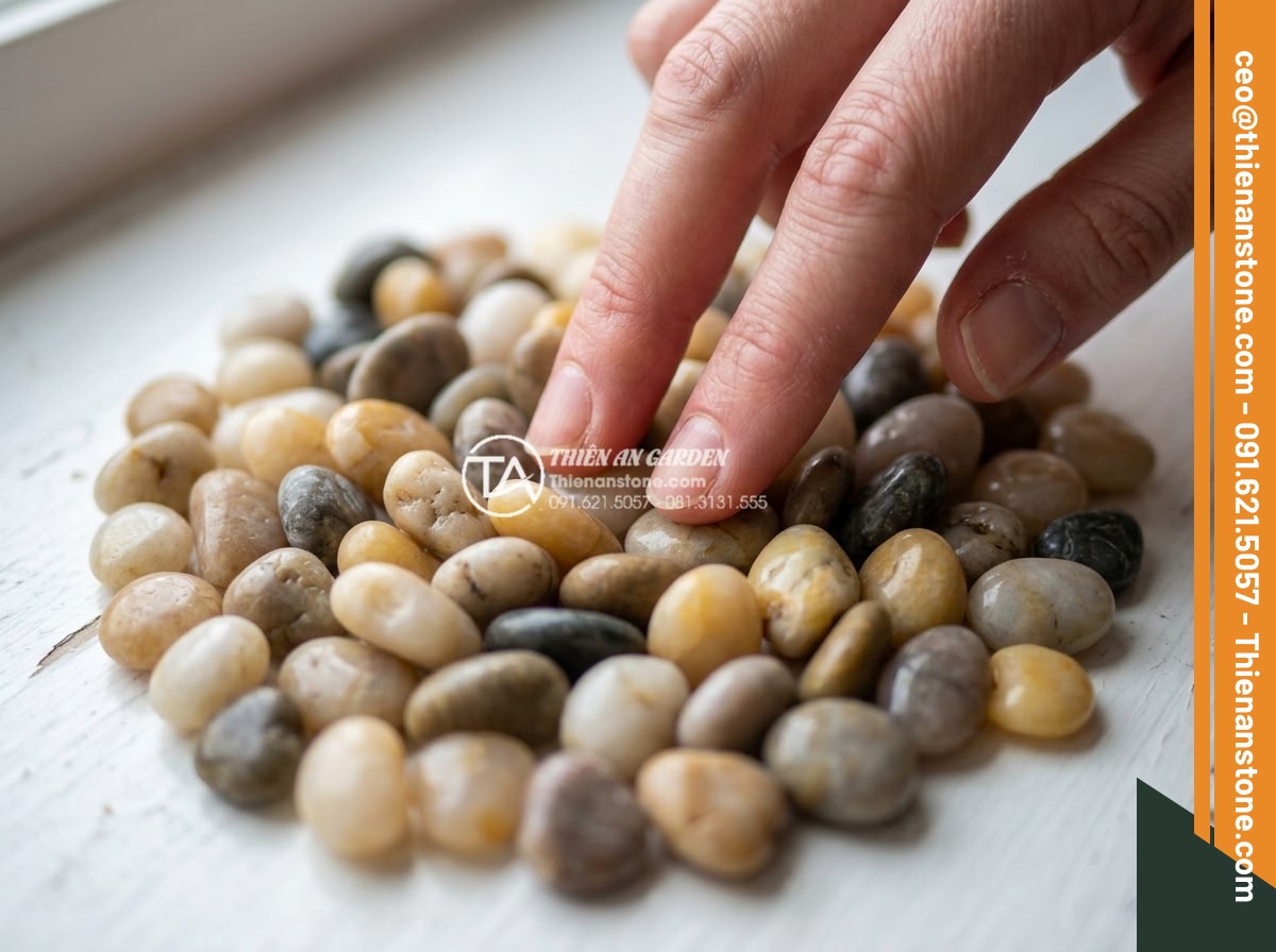 Sỏi biển nhiều màu 1-3cm - Hình 8 Sỏi biển nhiều màu 1-3cm - Close tactile view of fingers gently touching colorful sea pebbles highlighting