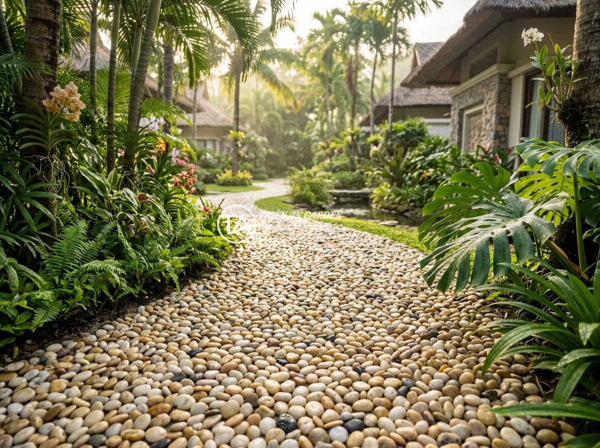 Sỏi biển nhiều màu 7-9mm - Hình 1 Sỏi biển nhiều màu 7-9mm - Wide angle view of a luxurious tropical garden path covered with multicolored se