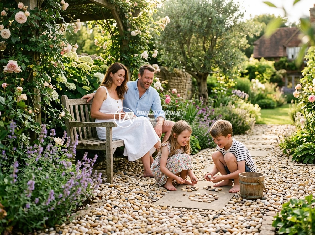 Sỏi biển nhiều màu 7-9mm - Hình 10 Sỏi biển nhiều màu 7-9mm - Happy family enjoying a beautiful garden with multicolored sea pebbles, children