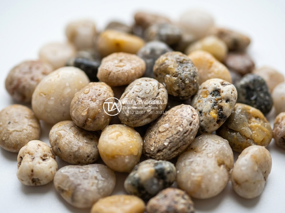 Sỏi biển nhiều màu 7-9mm - Hình 2 Sỏi biển nhiều màu 7-9mm - Close-up macro shot of individual multicolored sea pebbles 7-9mm showing natural