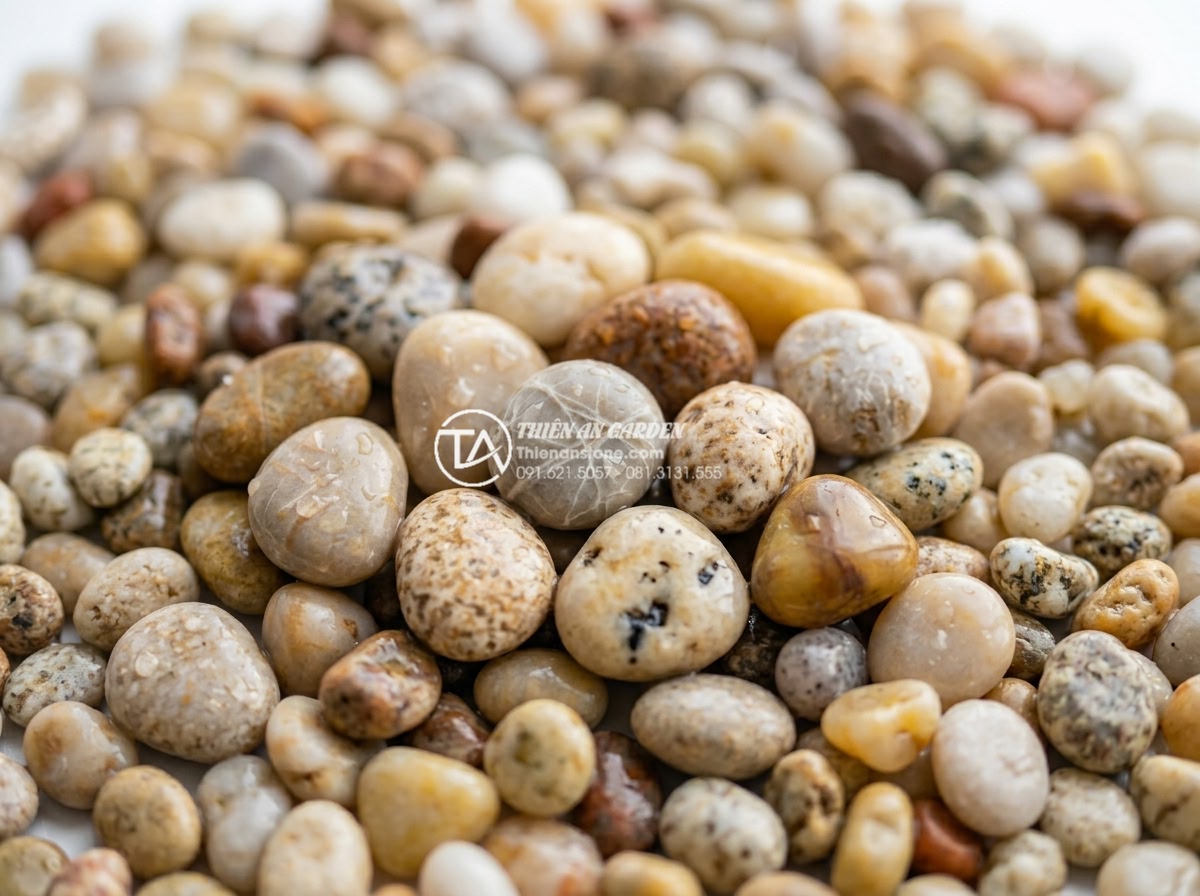 Sỏi biển nhiều màu 7-9mm - Hình 3 Sỏi biển nhiều màu 7-9mm - Extreme close-up of multicolored sea pebbles 7-9mm texture, showing natural vein