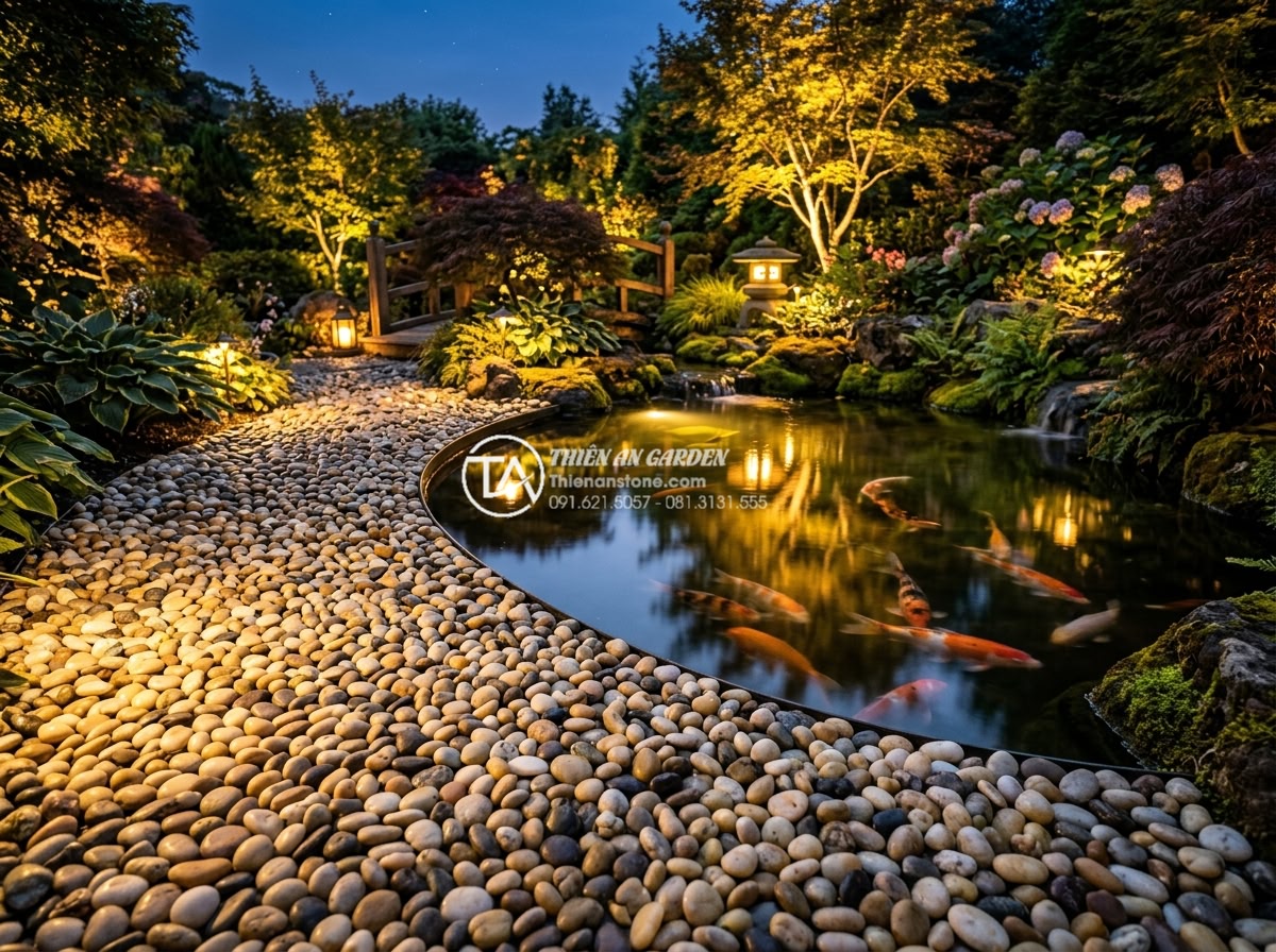 Sỏi biển nhiều màu 7-9mm - Hình 4 Sỏi biển nhiều màu 7-9mm - Magical evening garden scene with multicolored sea pebbles illuminated by warm l