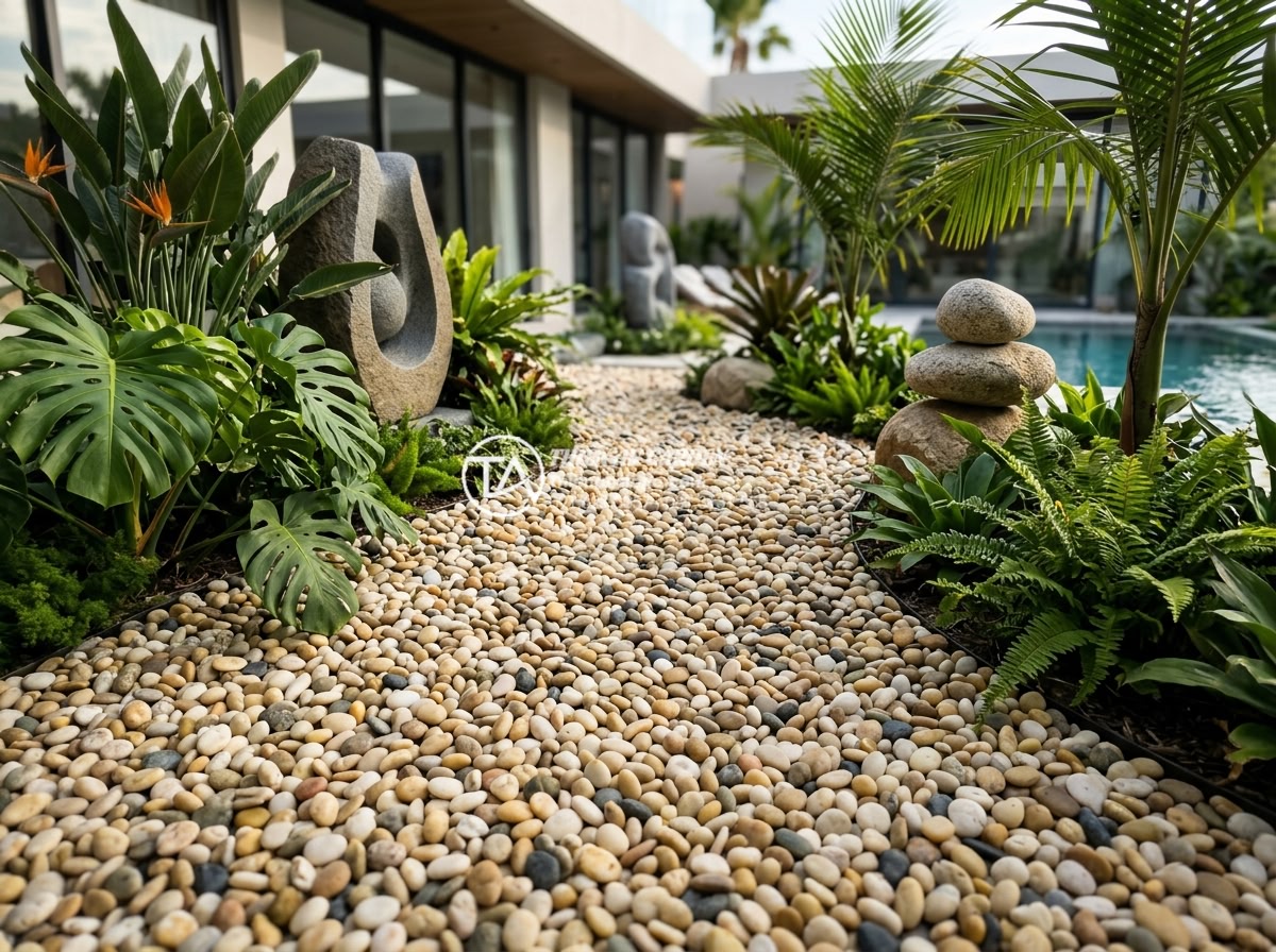 Sỏi biển nhiều màu 7-9mm - Hình 5 Sỏi biển nhiều màu 7-9mm - High-end villa garden with multicolored sea pebbles 7-9mm pathway, luxury tropic