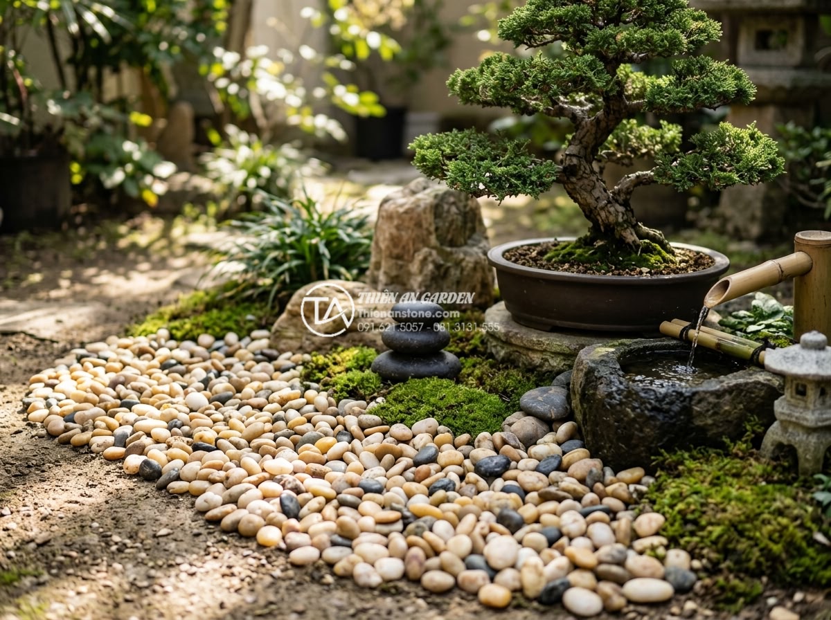 Sỏi biển nhiều màu 7-9mm - Hình 6 Sỏi biển nhiều màu 7-9mm - Zen garden corner with multicolored sea pebbles, small water feature, bonsai tre