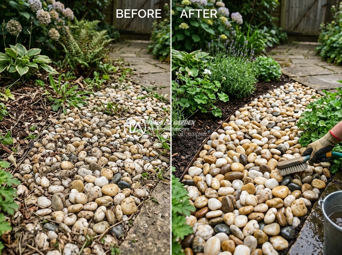Sỏi biển nhiều màu 7-9mm - Hình 7 Sỏi biển nhiều màu 7-9mm - Before and after comparison of cleaned multicolored sea pebbles in garden settin