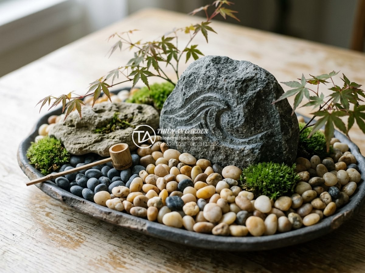 Sỏi biển nhiều màu 7-9mm - Hình 8 Sỏi biển nhiều màu 7-9mm - Artistic combination of multicolored sea pebbles with large carved natural stone