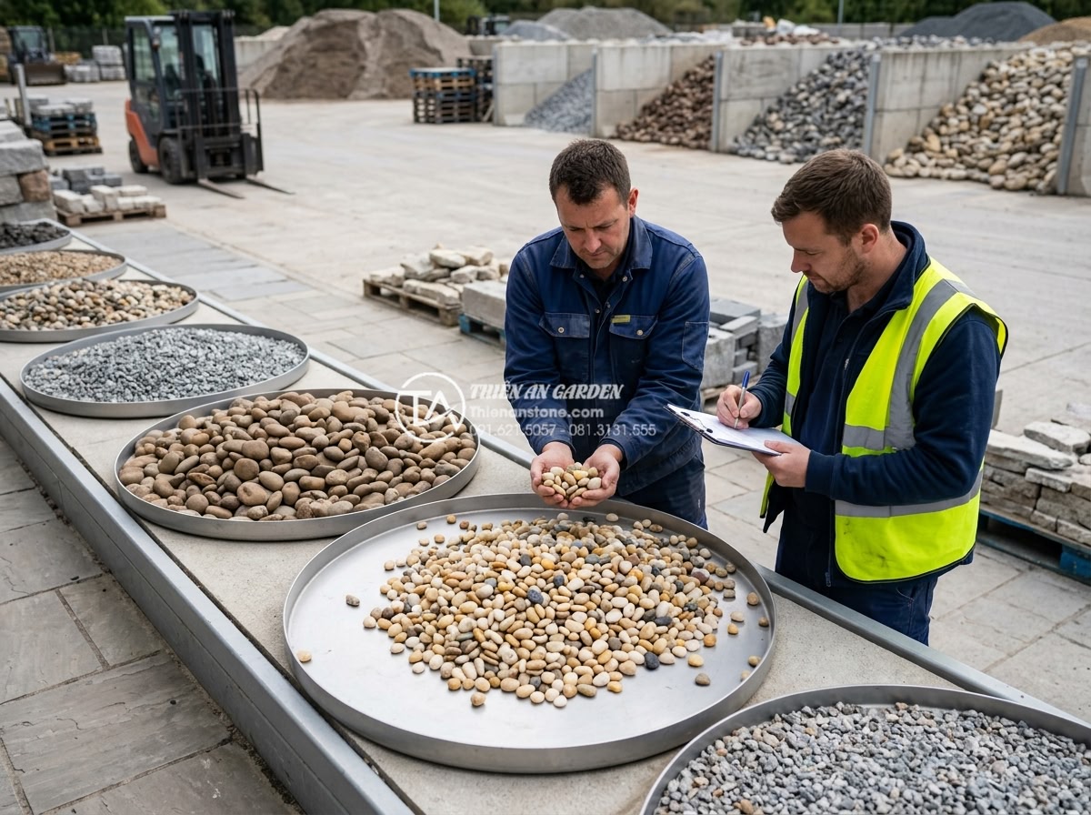 Sỏi biển nhiều màu 7-9mm - Hình 9 Sỏi biển nhiều màu 7-9mm - Professional stone yard display with various natural pebbles including multicolo