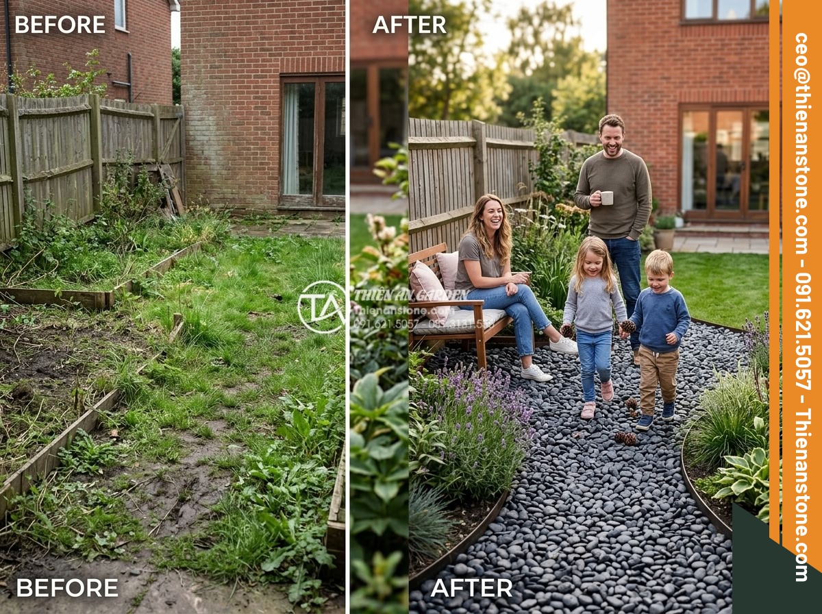 Sỏi đen quay 1-2cm - Hình 10 Sỏi đen quay 1-2cm - Before and after transformation of a garden using black pebbles, luxurious compl