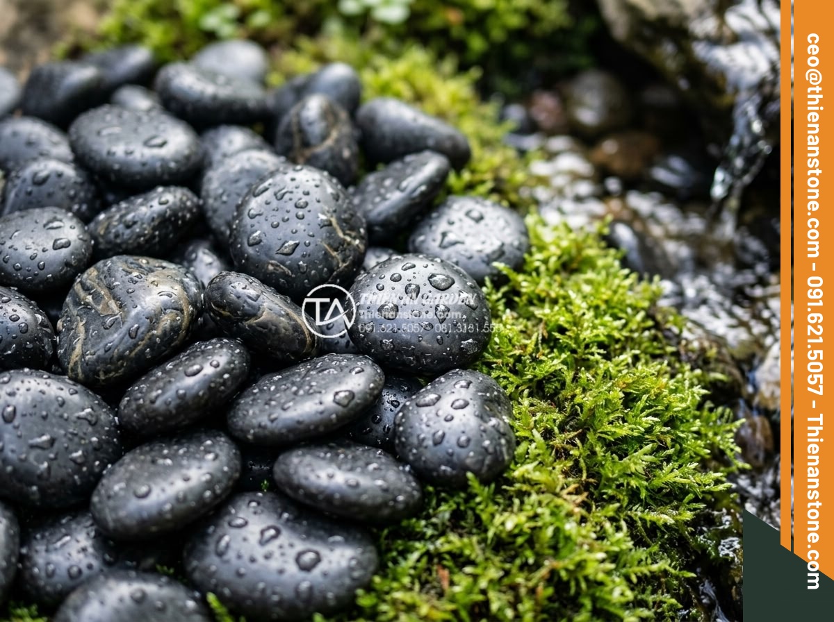 Sỏi đen quay 1-2cm - Hình 2 Sỏi đen quay 1-2cm - Close-up macro photography of individual 1-2cm black tumbled pebbles showing smo