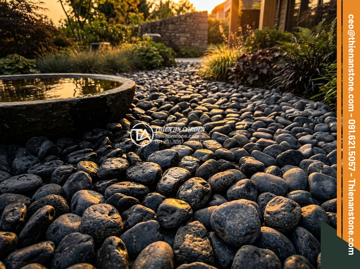 Sỏi đen quay 1-2cm - Hình 4 Sỏi đen quay 1-2cm - Dramatic lighting on black tumbled pebbles with golden hour sunlight creating st