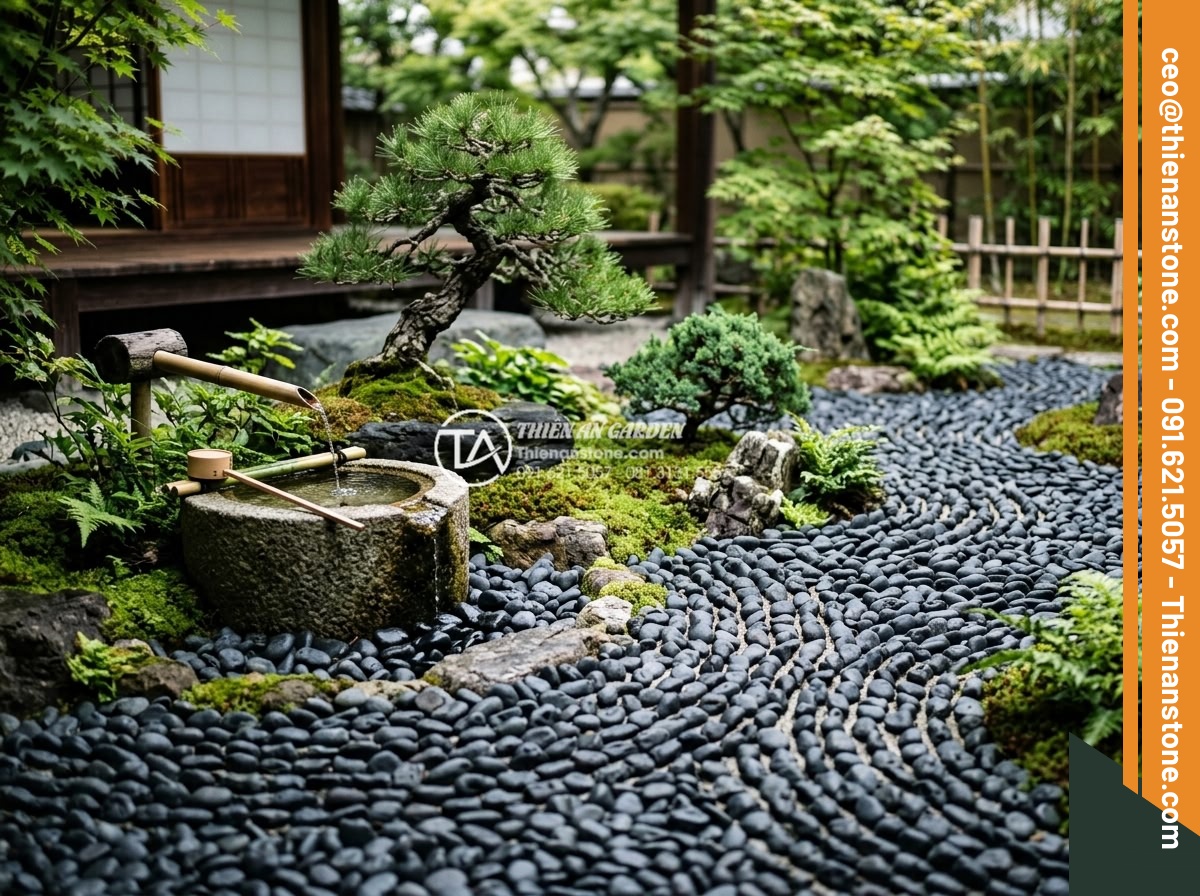 Sỏi đen quay 1-2cm - Hình 5 Sỏi đen quay 1-2cm - Zen garden with black tumbled pebbles arranged in patterns, bonsai trees, small