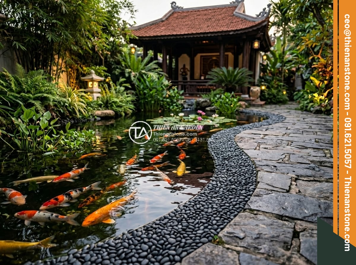 Sỏi đen quay 1-2cm - Hình 7 Sỏi đen quay 1-2cm - Beautiful Koi pond with black 1-2cm pebbles lining the edges, colorful koi fish