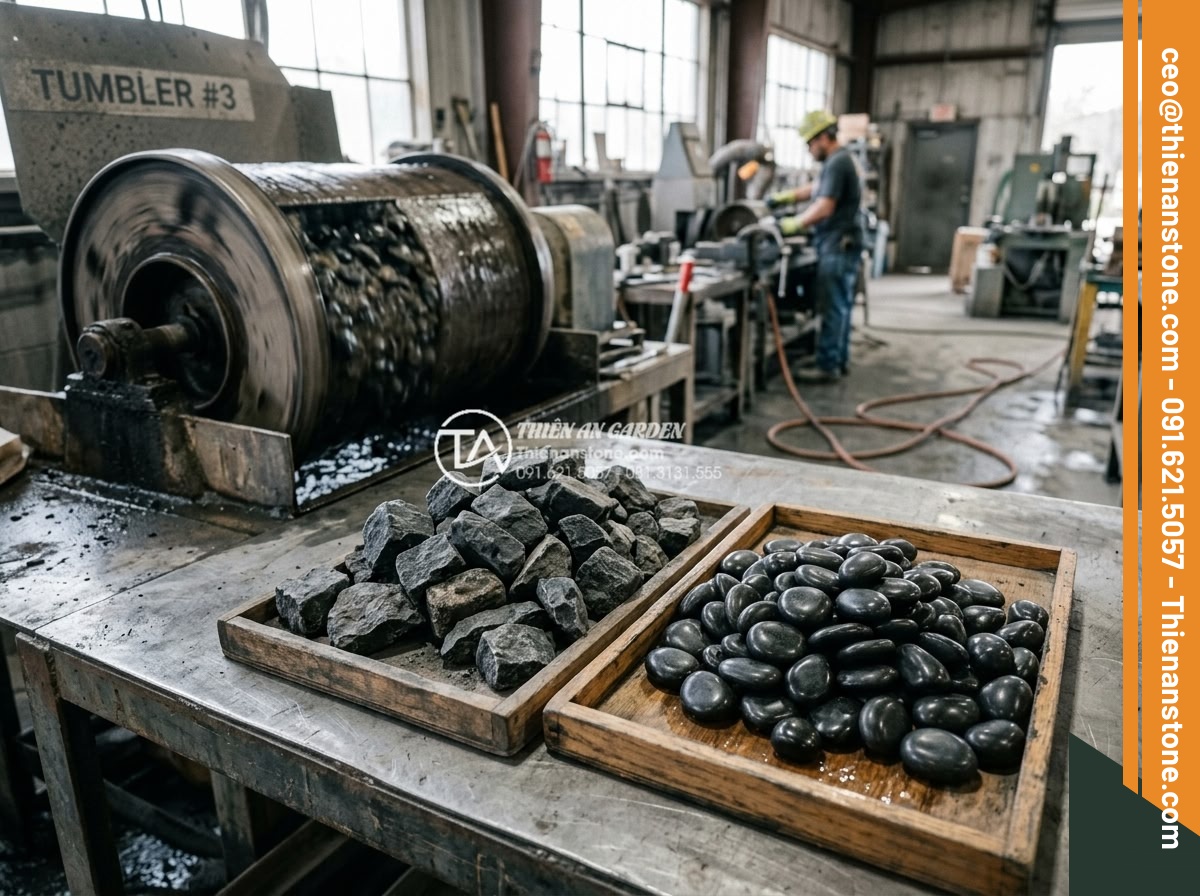 Sỏi đen quay 1-2cm - Hình 8 Sỏi đen quay 1-2cm - Production process showing black stone tumbling in industrial machine, before an