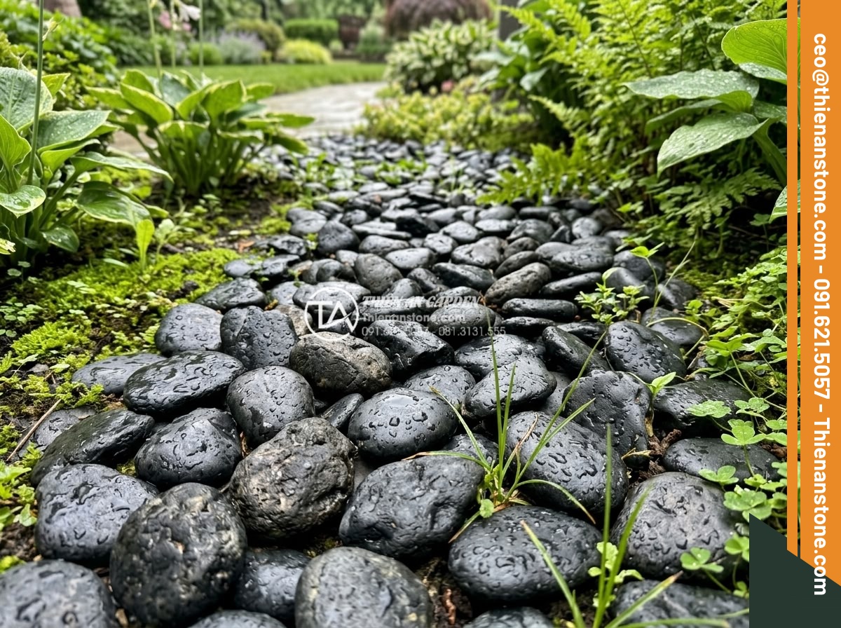 Sỏi đen quay 1-2cm - Hình 9 Sỏi đen quay 1-2cm - Clean shiny black pebbles after rain, water droplets on surface, well-maintained