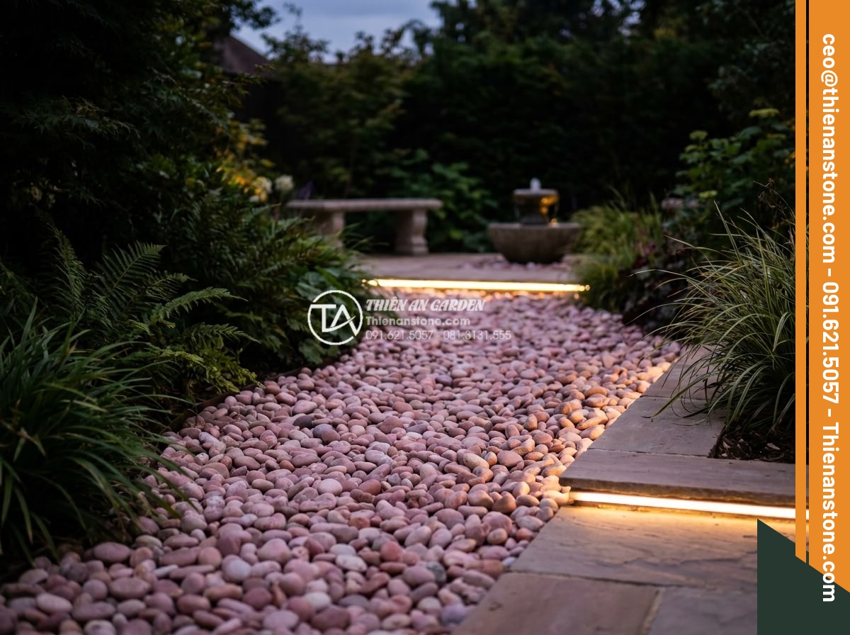 Sỏi hồng quay 1-3cm - Hình 10 Sỏi hồng quay 1-3cm - Evening garden scene with 1-3cm pink pebbles glowing softly under LED landscape