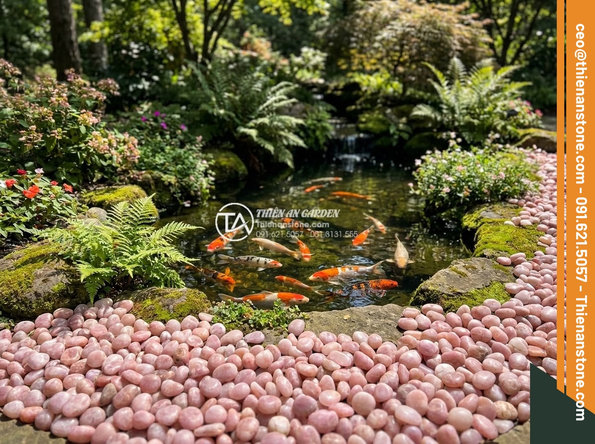 Sỏi hồng quay 1-3cm - Hình 11 Sỏi hồng quay 1-3cm - Pink tumbled pebbles 1-3cm surrounding a beautiful Koi pond with colorful fish s